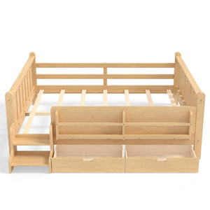 English Elm Queen Bunk Bed with Trundle Solid Pine Kids Car Themed Frame Built-in Bookshelf Light Natural W1580S00544