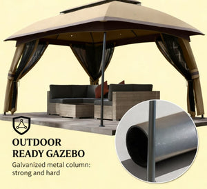 English Elm Large Vented Two-tier Patio Gazebo with Mesh Netting Steel Frame Backyard Shelter Beige T3971P425969