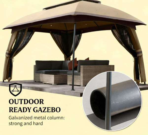 English Elm Large Vented Two-tier Patio Gazebo with Mesh Netting Steel Frame Backyard Shelter Beige T3971P425969