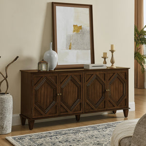 English Elm 65.2" Mid Century Sideboard Buffet with Fluted Geometric Doors, Spacious Adjustable Shelves & Brass Accents Walnut W1801P346228