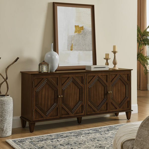 English Elm 65.2" Mid Century Sideboard Buffet with Fluted Geometric Doors, Spacious Adjustable Shelves & Brass Accents Walnut W1801P346228