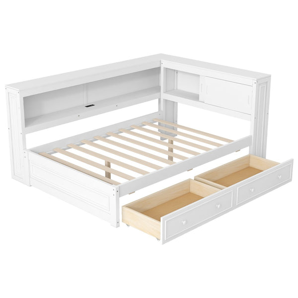 English Elm Full Pine Platform Daybed with Led Lighting Usb Charging Headboard Shelf and Drawers White N7090004032K