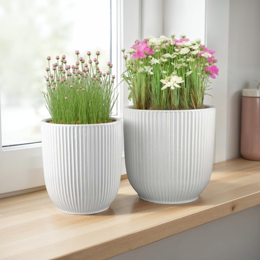 English Elm Lyna Glazed White Ceramic Planter Duo Ribbed Texture Bulbous Vessels for Any Room B056P412619