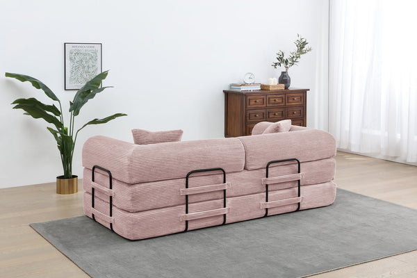 English Elm Convertible Sleeper Sofa Bed Pink Corduroy 3-Seat Foldable Couch with Cylindrical Pillow, Non-Slip Flexible Design W3199P311308