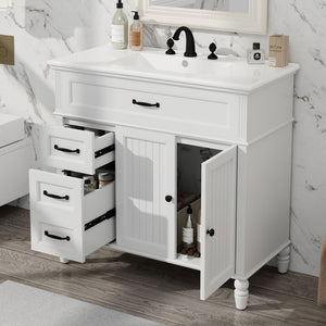 English Elm [video] 36 Inch Freestanding Bathroom Vanity Acacia Wood Legs Ceramic Sink Soft Close White N759S340019K