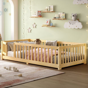 English Elm Twin Twin Size Floor Bed with Safety Guardrails and Playful Door for Kids, Pine/Plywood, Low Profile Natural W1580P338949