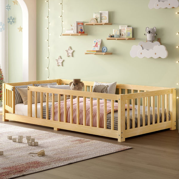 English Elm Twin Twin Size Floor Bed with Safety Guardrails and Playful Door for Kids, Pine/Plywood, Low Profile Natural W1580P338949