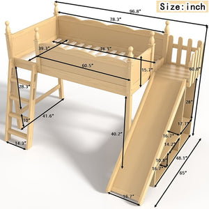 English Elm Twin Loft Bed Solid Pine Frame with Wardrobe Shelving Detachable Slide Kids Room Natural W5305S00017
