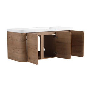 English Elm 48" Floating Bathroom Vanity Dual Ceramic Vessel Sinks Oak Finish Soft Close Doors W999S00507