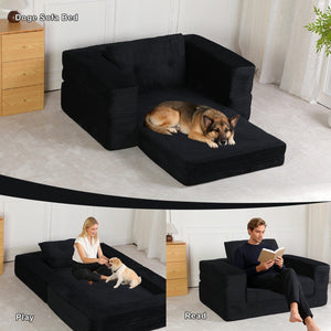 English Elm Compression Human Dog Sofa Bed 3-in-1 Folding Corduroy Floor Couch with Memory Foam Pillow for Living Room Black W3723P376783