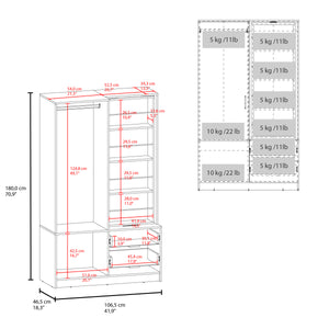 English Elm FM Compact Wardrobe with Hanging Rod, Smooth Drawers and Open Shelves for Organized Bedrooms White 55 L x 23 W x 4 H B128S00183