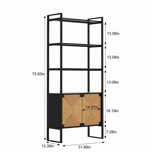 English Elm Natural Rattan Bookshelf with Matte Black Frame Open Display and Closed Storage Cabinet W2263P395493