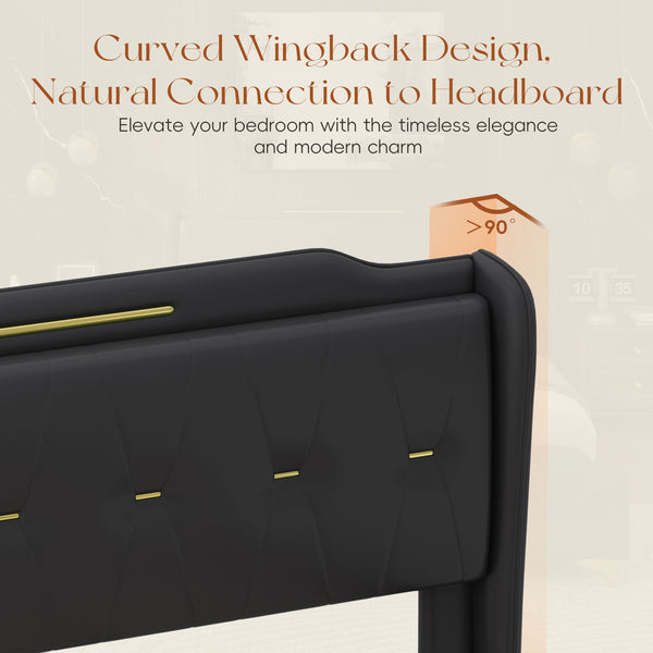 English Elm Christopher Knight Home® - Queen PU Leather Bed with Wingback Headboard & Footboard, Gold Accent Platform, 12 Slats, Sturdy Support Black 64 L x 21 W x 9.25 H N761P205938B
