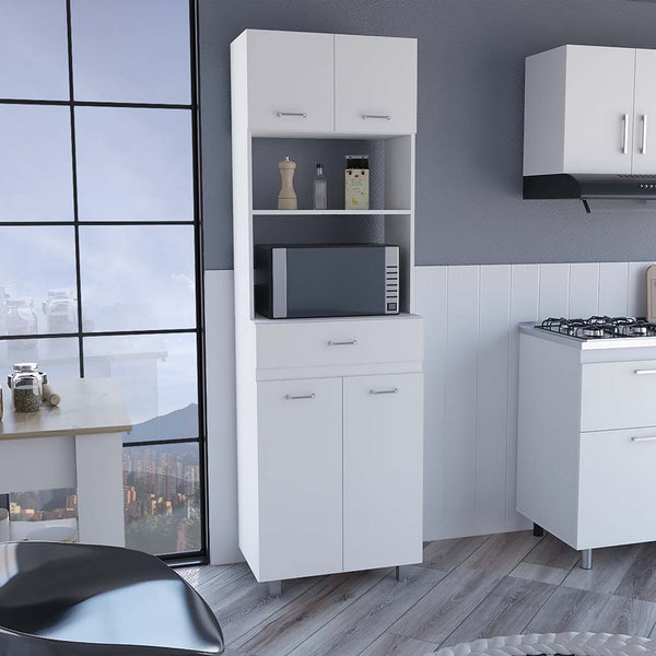 English Elm Microwave Double Door Storage Cabinet with Drawer & Shelf, White Engineered Wood, Spacious Top B097S00096