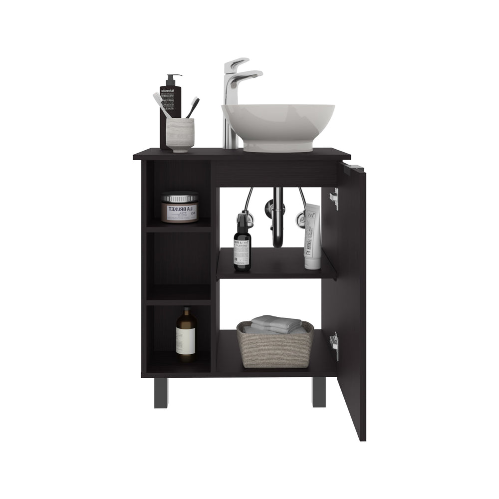 English Elm Allegra Modern Vessel Sink Vanity Cabinet with Single Door & Open Shelf, Freestanding Black Finish B070P337055