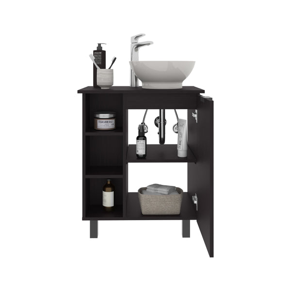 English Elm Allegra Modern Vessel Sink Vanity Cabinet with Single Door & Open Shelf, Freestanding Black Finish B070P337055
