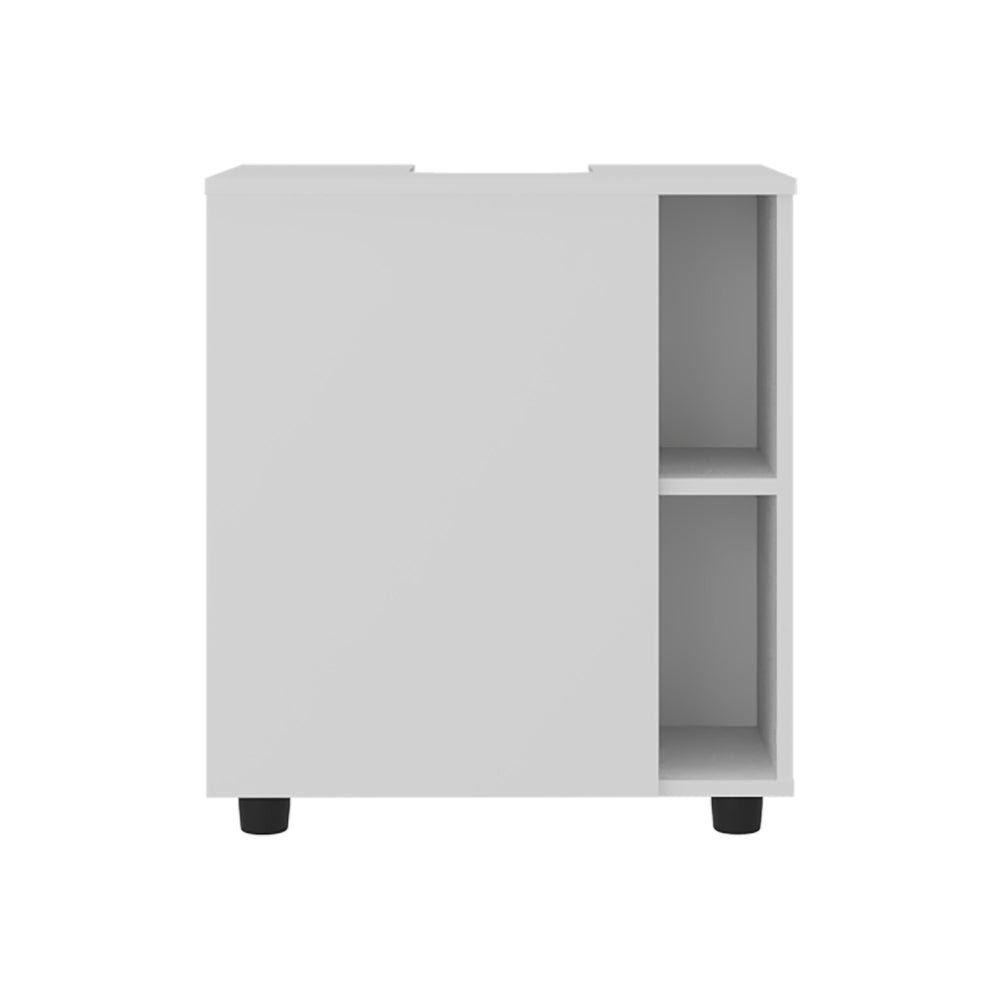 English Elm White Pedestal Sink Cabinet with Hidden Compartment and Five Open Shelves — Space-Saving Modern Bath Storage Organizer, 24.4"W x 21.7"H x 16.3"D B062P380061