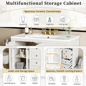 English Elm 36.02-inch white bathroom vanity with ceramic basin, gold round handles, soft-close doors & drawers N729P184710K