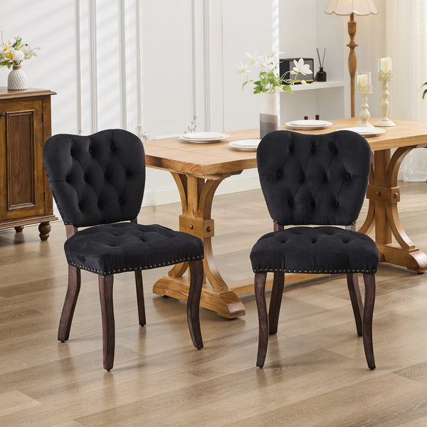 English Elm French Vintage Tufted Upholstered Dining Chair with High-Density Foam, Solid Wood Frame, 300lb Capacity Black W1143P214542