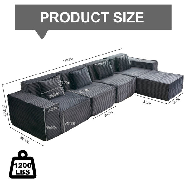 English Elm L-shaped Modular Sectional with Ottoman Corduroy Upholstery Four Seat Living Room Sofa Dark Gray W2699S00092
