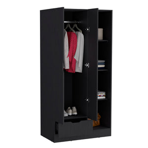English Elm Memphis Wardrobe Armoire with Double Doors, Built-In Rod, Four Shelves & Spacious Lower Drawer Black 40 L x 23 W x 3 H B200S00286