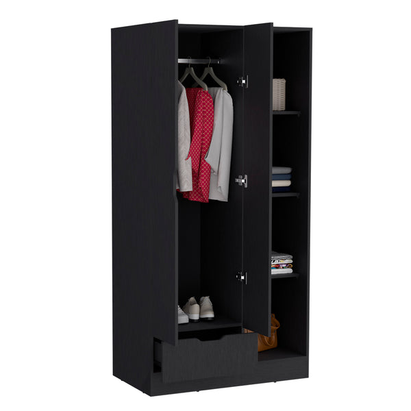English Elm Memphis Wardrobe Armoire with Double Doors, Built-In Rod, Four Shelves & Spacious Lower Drawer Black 40 L x 23 W x 3 H B200S00286