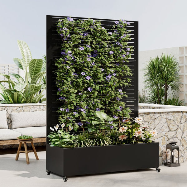 English Elm Metal Raised Garden Bed with Integrated Trellis Lockable Wheels and Privacy Screen W347P455026