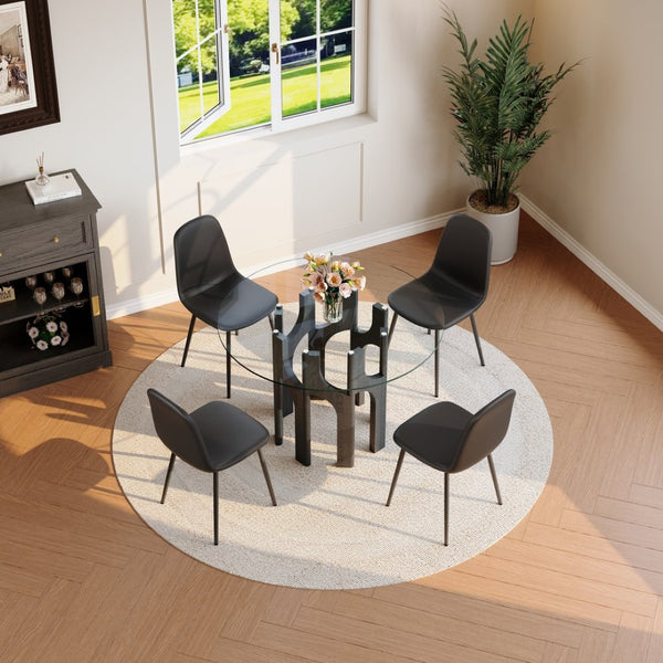 English Elm Round Tempered Glass Dining Table Sculptural Geometric Mdf Base Seats Four Compact Black W3875P387177