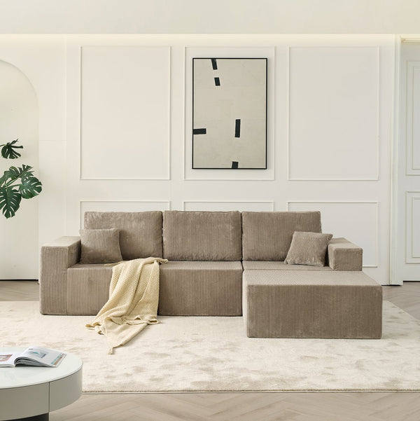 English Elm 110" Cloud Modular Sectional Sofa Boneless Corduroy 3-Seater with Ottoman & 2 Pillows, No Assembly, Luxurious Comfort Grey W2656S00009