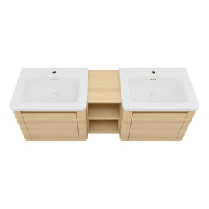 English Elm 60'' Wall-Mounted Bathroom Vanity With Elegant White Sink, Soft-Close Doors & Ample Storage Shelves W999S00483