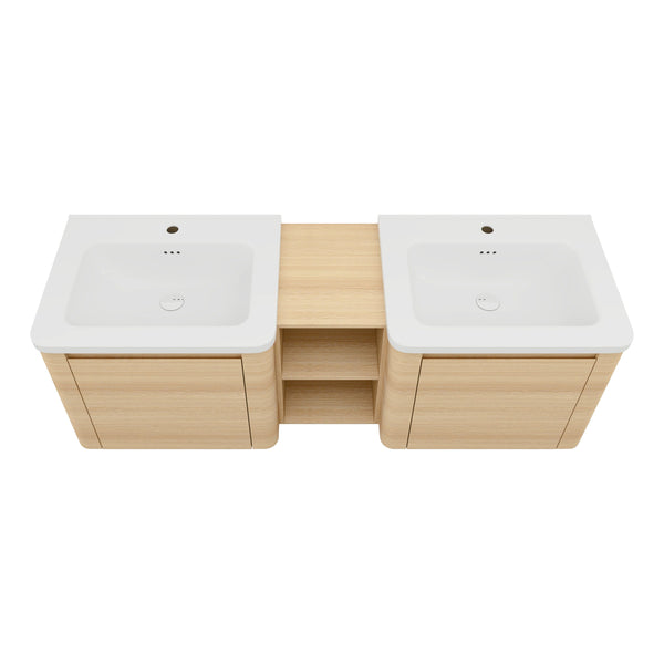 English Elm 60'' Wall-Mounted Bathroom Vanity With Elegant White Sink, Soft-Close Doors & Ample Storage Shelves W999S00483