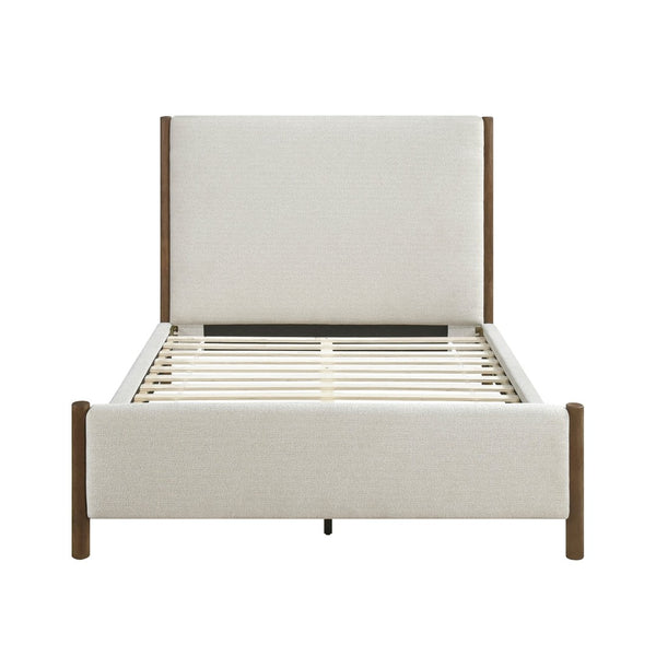 English Elm Modern Queen Platform Bed Beige Chenille Upholstered Frame with Oak Pilaster Accents B011S00903