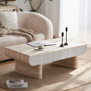 English Elm Coffee Table Mid Century Modern Oval with Faux Marble Top, Fluted Hidden Drawer, Small Space Friendly W3040P382310