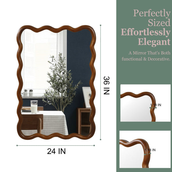English Elm Black Walnut Solid Wood Wavy Frame Mirror Sculptural Bohemian Accent for Any Room W2203P455232