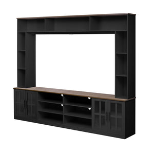 English Elm 95.5" Wide Modern Farmhouse Wall Unit with Tempered Glass Cabinets and Bookshelf Storage Black SJ000157AAB