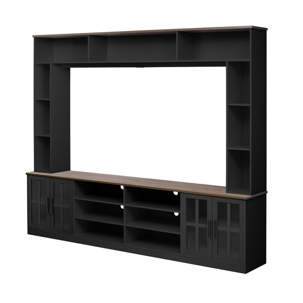 English Elm 95.5" Wide Modern Farmhouse Wall Unit with Tempered Glass Cabinets and Bookshelf Storage Black SJ000157AAB