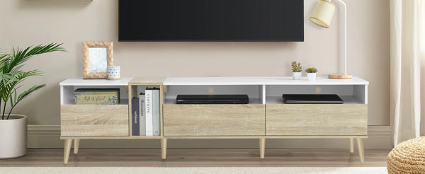 English Elm Modern TV Stand with 3 Drawers & 4 Open Shelves, 80" Media Console White+Wood, Cable Management, P2 Board N710P234108K