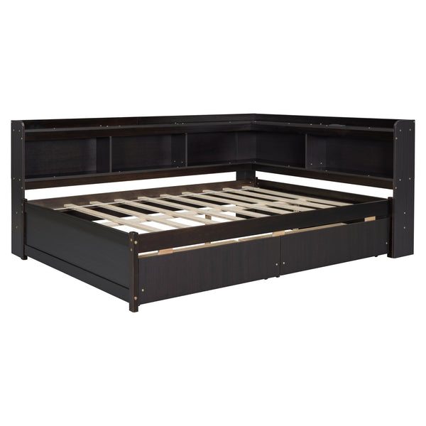 English Elm Full Size L-Shaped Bed With Bookcases, Usb Ports & Storage Drawers - Smart Space-Saving Solution! W504S00220