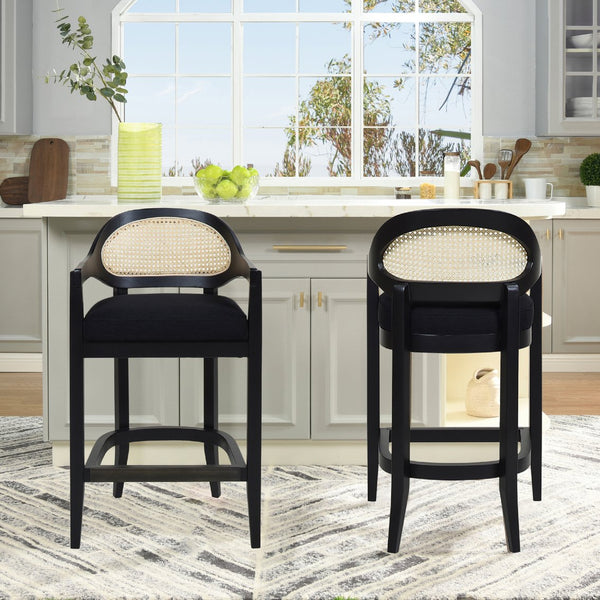 English Elm Jennifer Taylor Home - Americana Mid-Century Modern Cane Back Counter Stool - Elegant Jet Black Woven Design For Dining Spaces B2719P238382