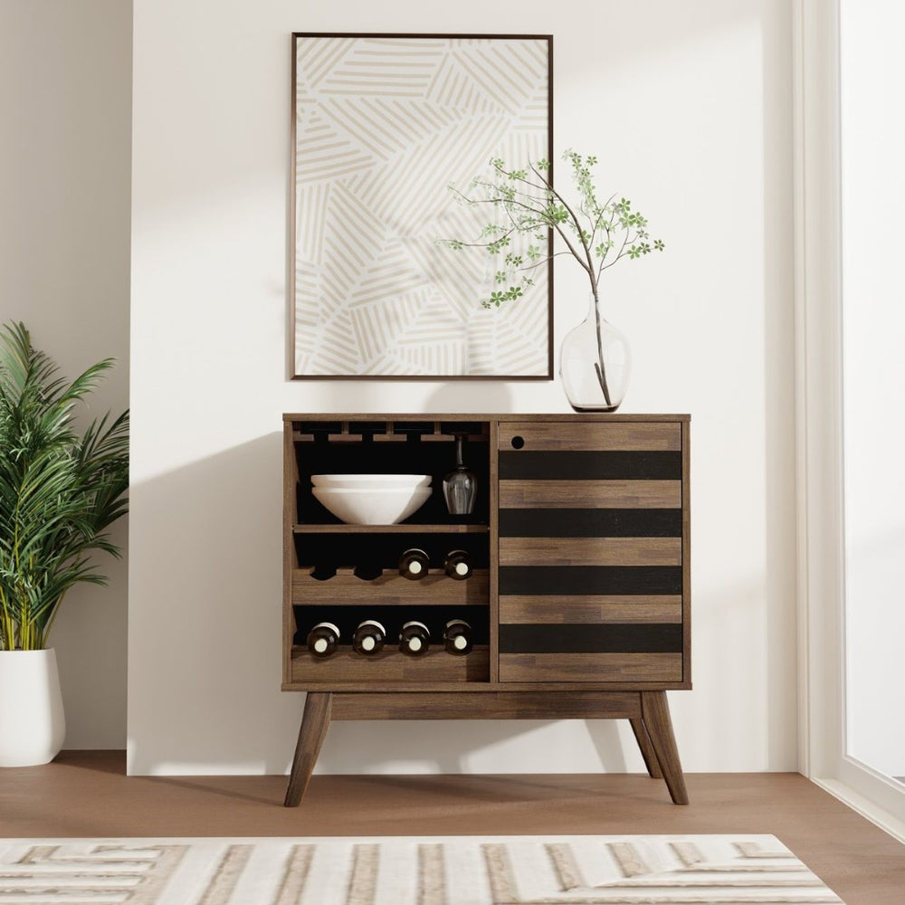 English Elm Clarkson Solid Acacia Wine Cabinet with Rack and Stemware Storage Mid-century Style B136P362545