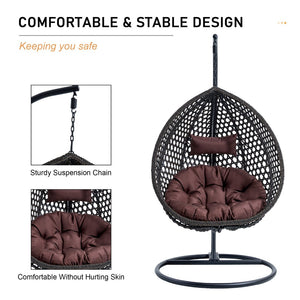 English Elm 76.8-inch Hand Woven Rattan Egg Swing Chair Indoor Outdoor with Cushion Lumbar Pillow Black W1512P498596