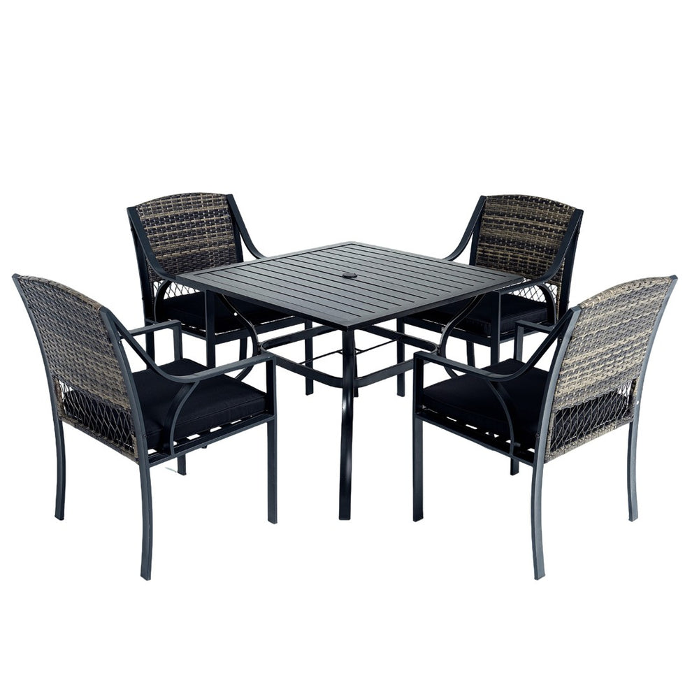 English Elm 5-piece Outdoor Dining Set Square Steel Table Pe Rattan Chairs with Cushions Patio T5880S00023