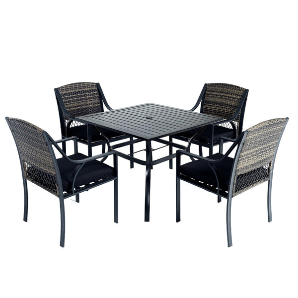 English Elm 5-piece Outdoor Dining Set Square Steel Table Pe Rattan Chairs with Cushions Patio T5880S00023