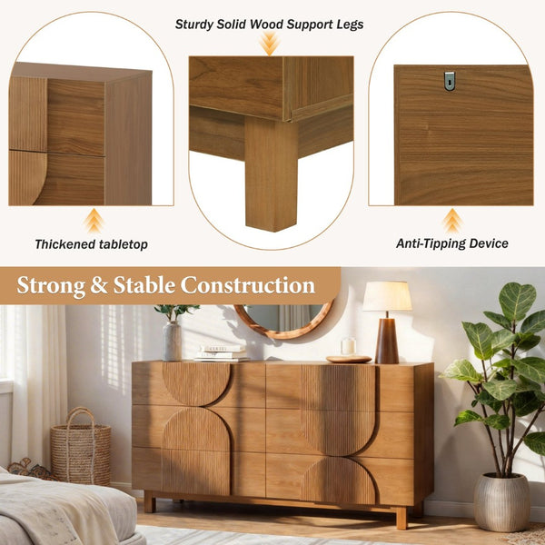 English Elm Modern Fluted 6 Drawer Dresser with Solid Wood Legs Japandi Chest for Bedroom Brown N739S0000013N