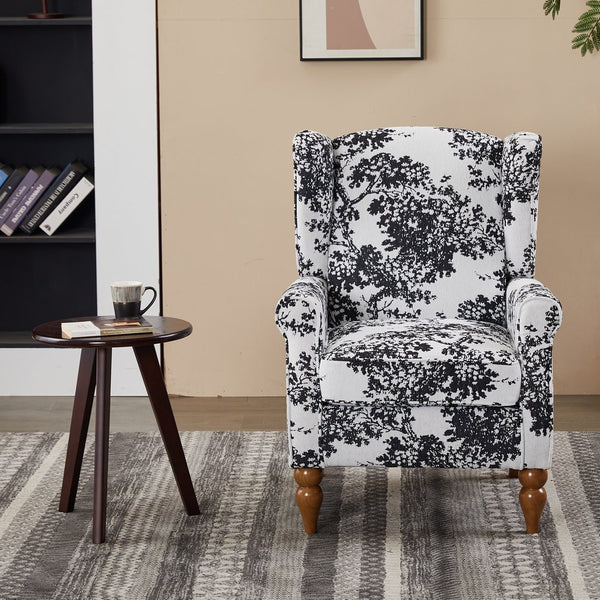 English Elm Coffee Table & Armchair Set with Vintage Roman Column Legs, Breathable Fabric, Solid Rubberwood Craftsmanship Antique White+Gray W2989P339882