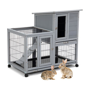 English Elm Detachable Two-tier Pine Rabbit Hutch with Rolling Casters and Removable Waste Trays White+Gray W2181P190614