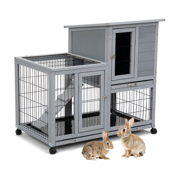 English Elm Detachable Two-tier Pine Rabbit Hutch with Rolling Casters and Removable Waste Trays White+Gray W2181P190614