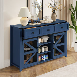 English Elm U_style Industrial Sideboard with Sliding Barn Doors Iron Mesh Panels and Three Drawers Navy Blue N711P347384V