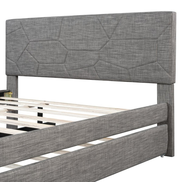 English Elm Queen Linen Upholstered Platform Bed with Brick Textured Headboard and Pull Out Trundle SF000004AAE-1