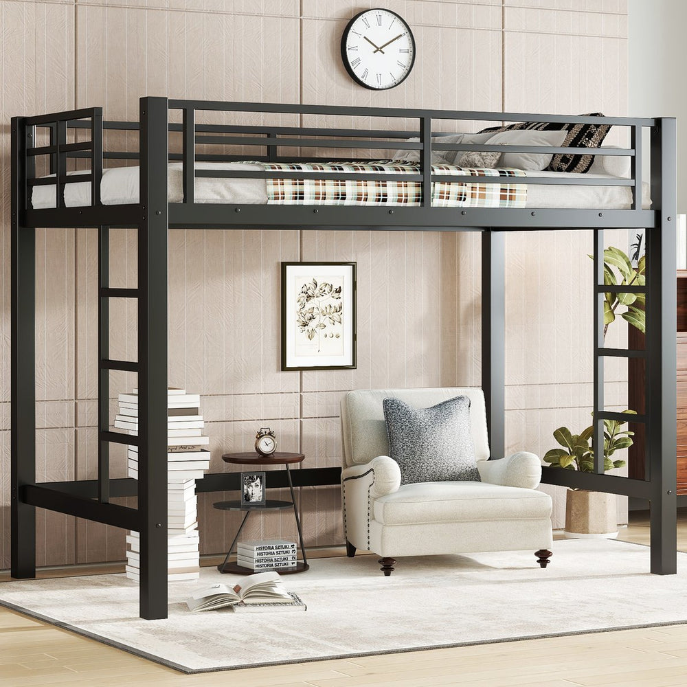English Elm Twin Metal Loft Bed with Sturdy Frame, Space-Saving Underbed Storage, Safe Ladder & Guardrails W1580P370676